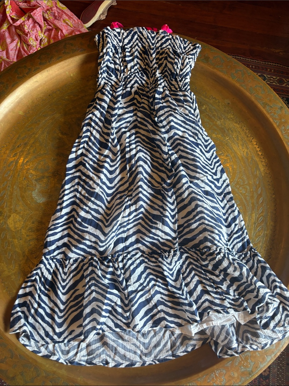 Boden Navy and White Zebra-Print Maxi Dress with Pink Strap Details